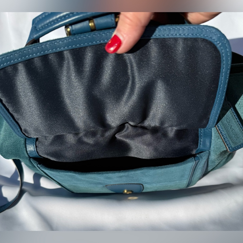 Coach Campbell Suede Belle Teal Suede Blue Leather Trim Brass Hardware 26800 - Picture 3 of 7